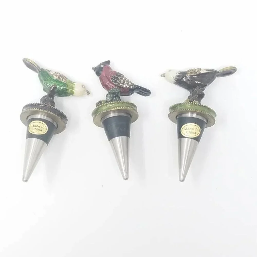 Vintage metal bottle stopper w/holder Cloisonné enamel set of 3 bar ware mancave